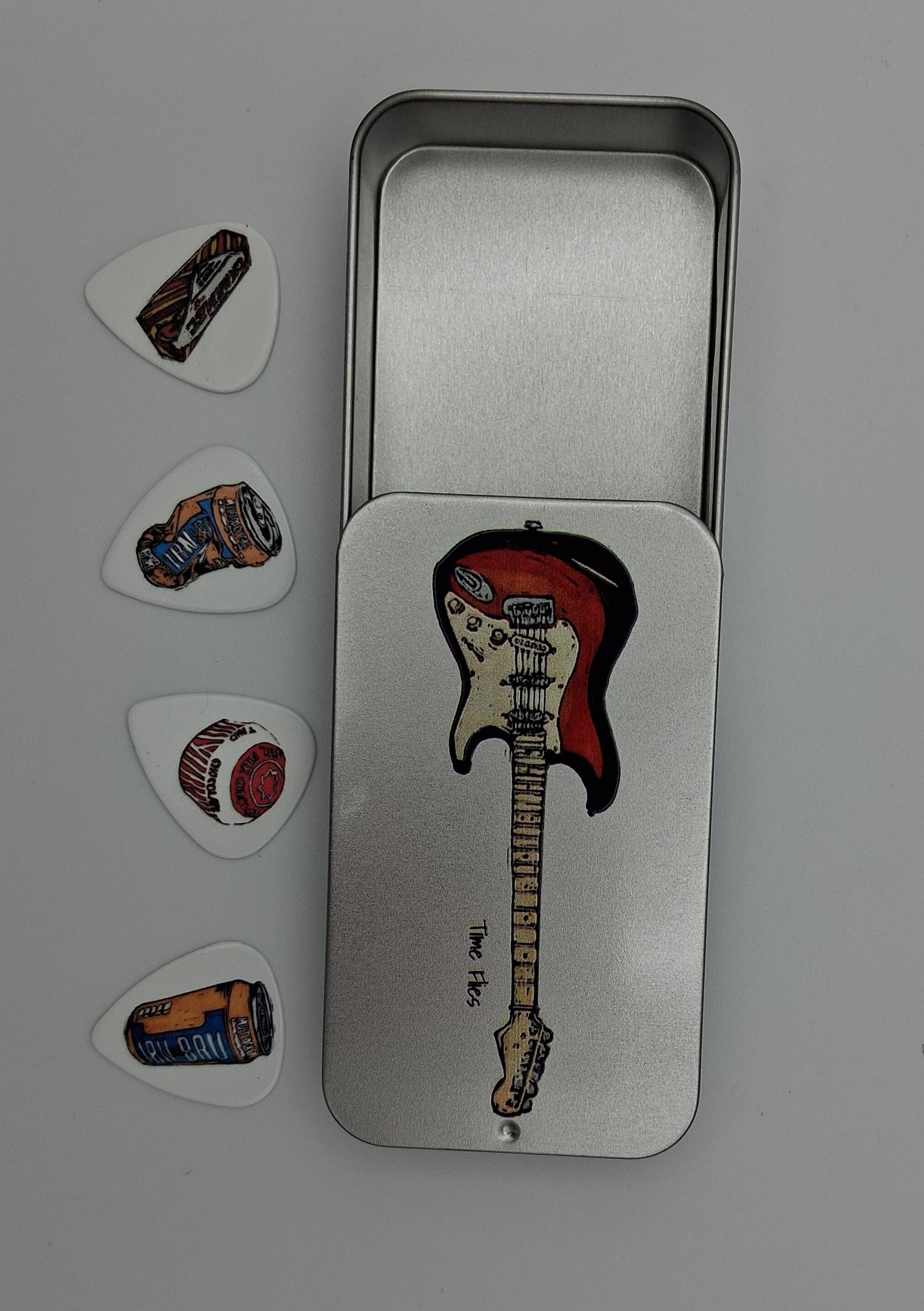 Special custom listing Guitar pick Tin "Time Flies" Strat